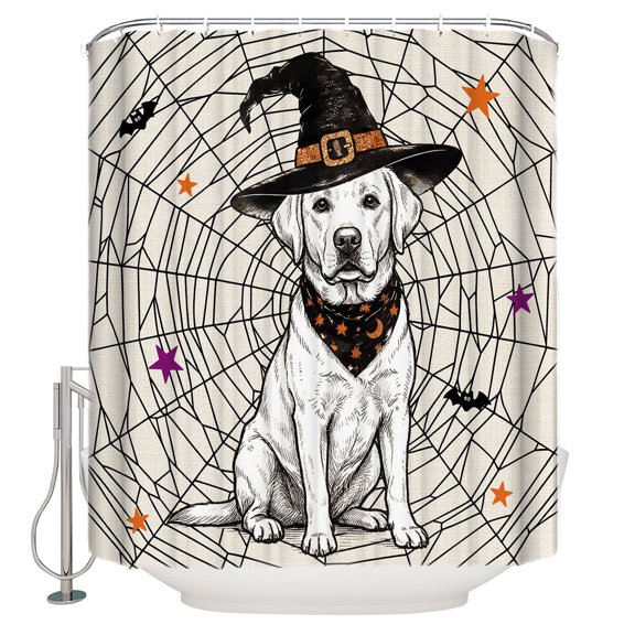 Halloween Bathroom Shower Curtains with 12 Hooks Polyester Waterproof Shower Curtain for Stalls and Bathtubs Farmhouse Scary Cute Dog Hats Star Web Decorative Bathroom Privacy Curtain 66x72 Inches