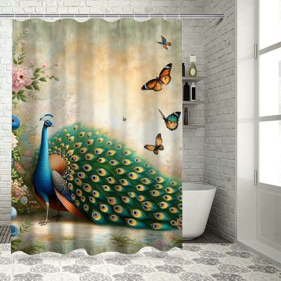 JRXY Blue Peacock Throw Peacock Print Shower Curtain Multiple Sizes White