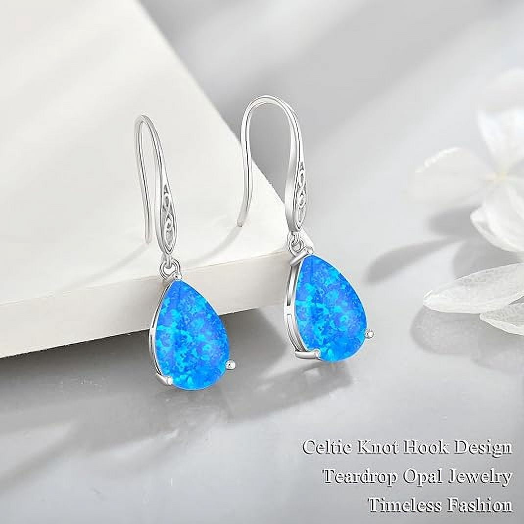 Opal Earrings 925 Sterling Silver Celtic Knot Hook Teardrop Earring 8X12mm Solitaire Gemstone October Birthstone Jewelry Gift for Women