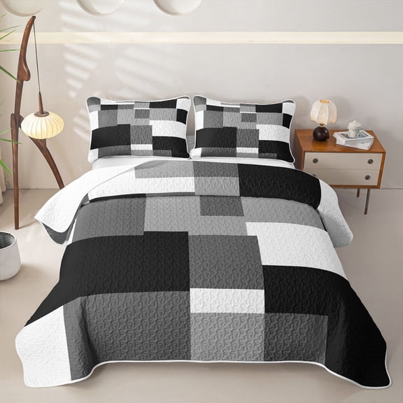 Homewish Minimalist Grid Twin Quilt Set,Mid Century Art Twin Coverlet Set,Black Gray,2pcs