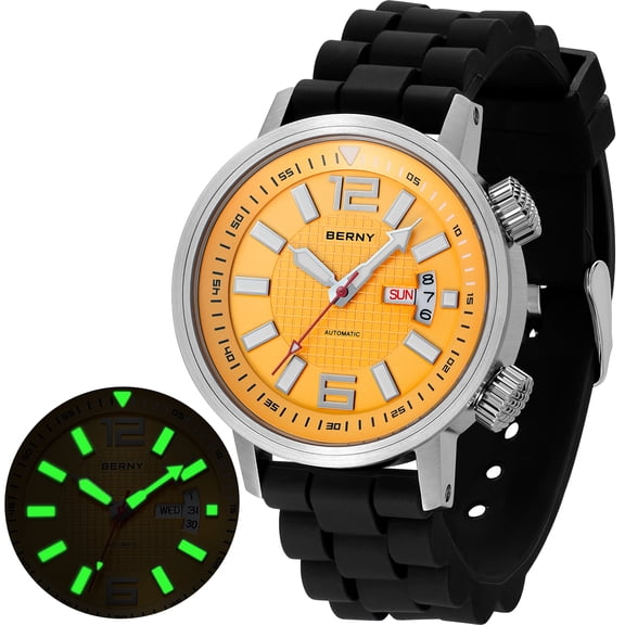 BERNY Automatic Dive Watches for Men, Sport 200M Waterproof Analog Mechanical Watch with Day & Date, Super Luminous, Silicone Strap, Stainless Steel, Sapphire Crystal, Men's Pro Diver Watch (Yellow)