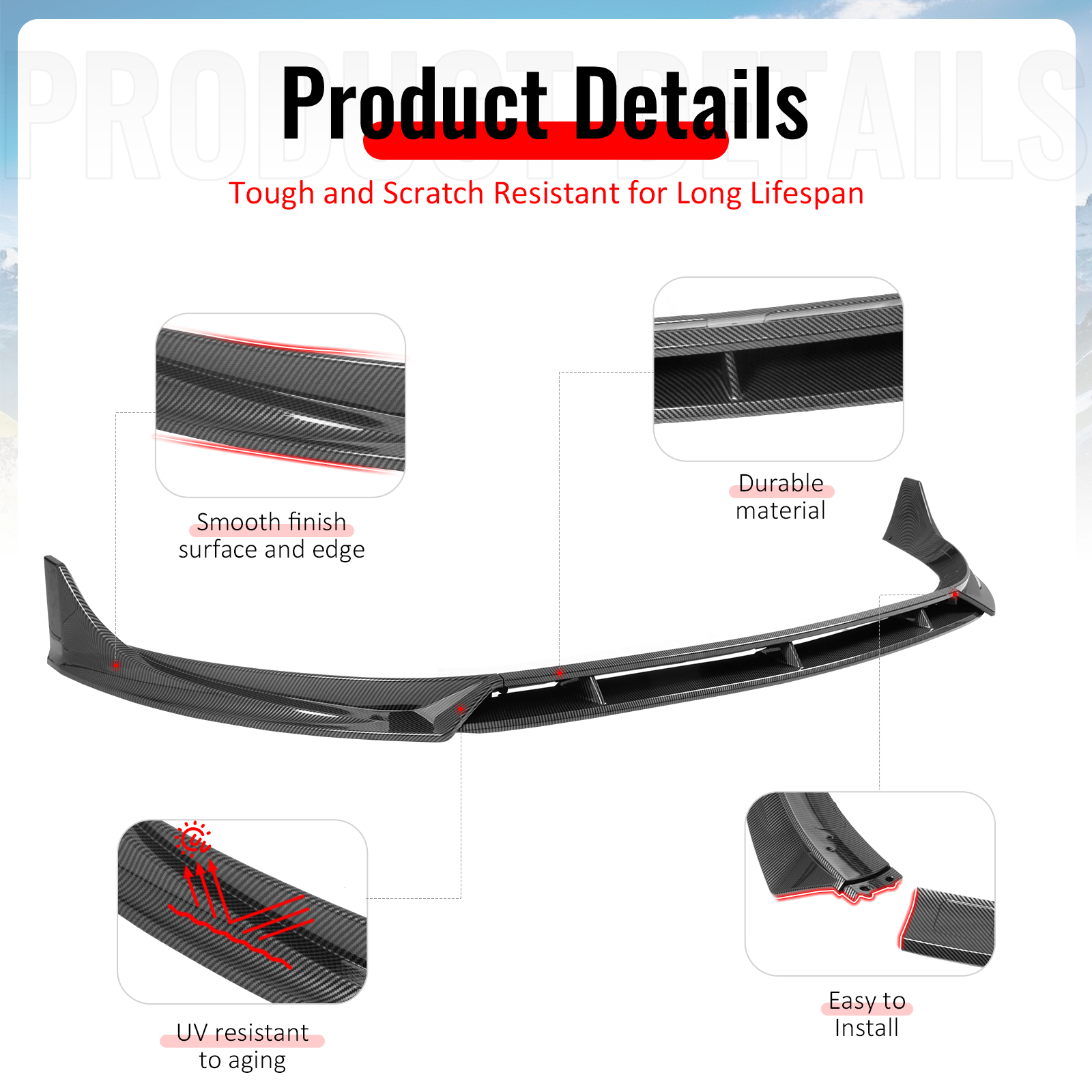 Ikon Motorsports Front Bumper Lip, Compatible with 2025-2026 Tesla Model Y Juniper, IKON Style Carbon Fiber Print ABS Plastic Air Dam Chin Spoiler Protector Splitter 4PC