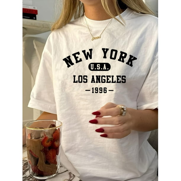 1pc Vintage Geometric-Pattern T-Shirt, 100% Polyester Crew Neck Short Sleeve Top for Women, Casual Summer Knit Fabric Tee with New York Los Angeles 1996 Print