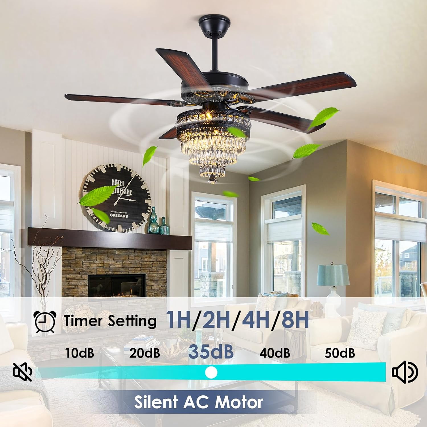 PHORUS 52'' Modern Crystal Ceiling Fan with Lights Remote Control,5 Blades Fandelier Ceiling Fan with Light,Whisper-Quiet Motor,Elegant Chandelier Fan for Living Room,Black
