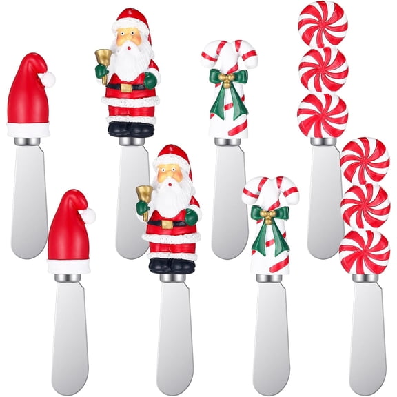 8 Pcs Christmas Themed Cheese Butter Spreaders Knives Holiday Decor Hand-Painted Resin Handles with Stainless Steel Blades Cheese Spreader Set for Cream, Butter, and Jam