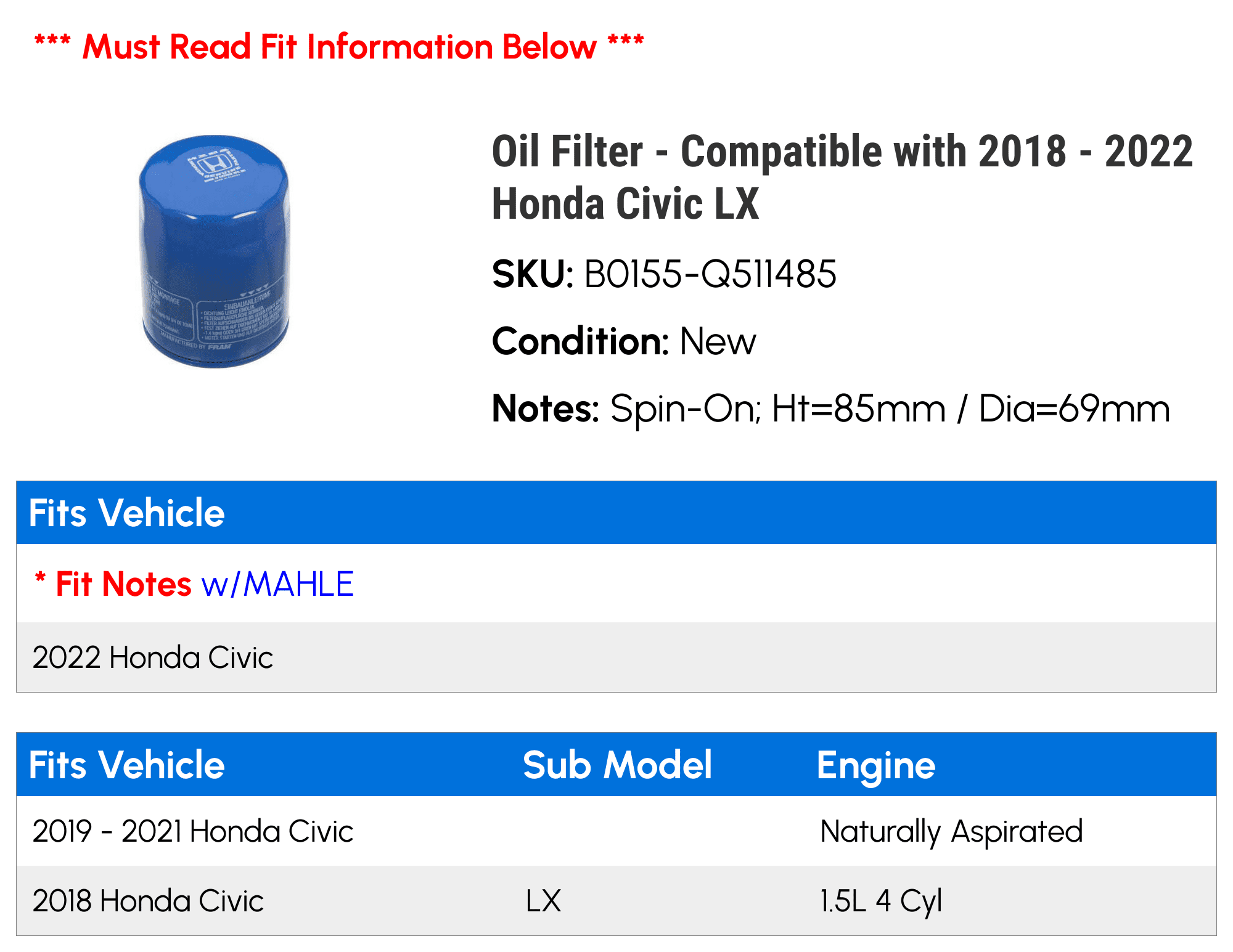 Oil Filter - Compatible with 2018 - 2022 Honda Civic LX 2019 2020 2021