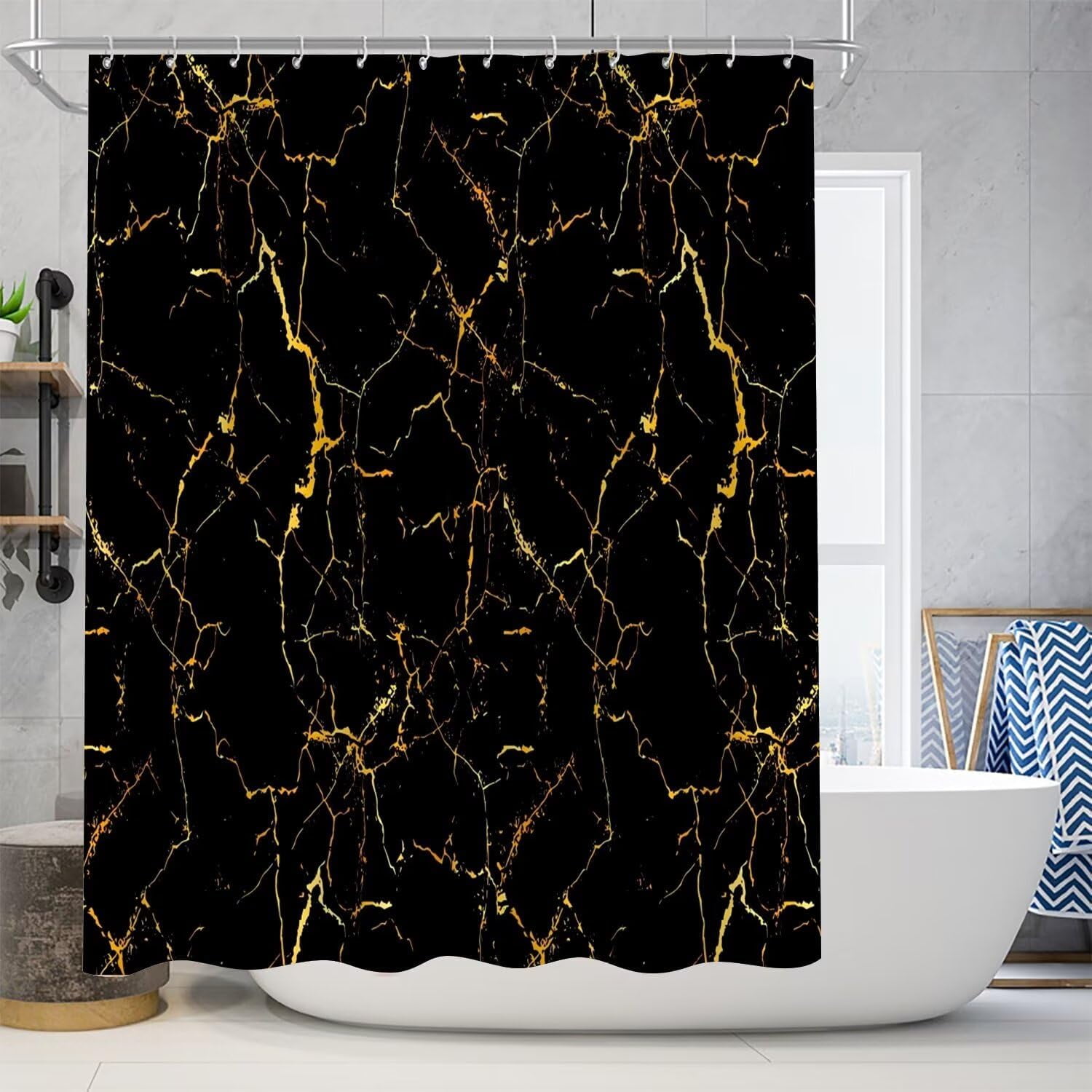 4 Pcs Shower Curtain Sets Black and Gold Marble Bathroom Sets with Shower Curtain and Rugs and Accessories Luxury Bathroom Curtain Decor Sets with 12 Hooks