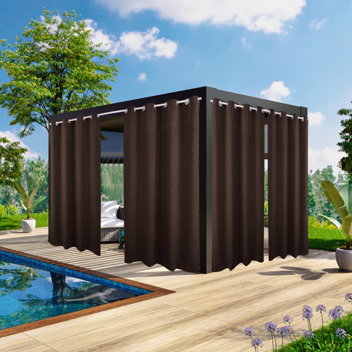 TOPCHANCES 2 Panels Outdoor Curtains for Patio, Waterproof Blackout Outside Curtains with Grommet Top and Tab Bottom, Windproof UV Resistant Drapes for Porch, Pergola, 52 x 84 inch, Brown #2