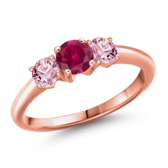 Gem Stone King 18K Rose Gold Plated Silver Red Created Ruby and Pink Lab Grown Diamond Engagement Ring for Women | 1.10 Cttw | Round 5MM | Gemstone July Birthstone | Size 5