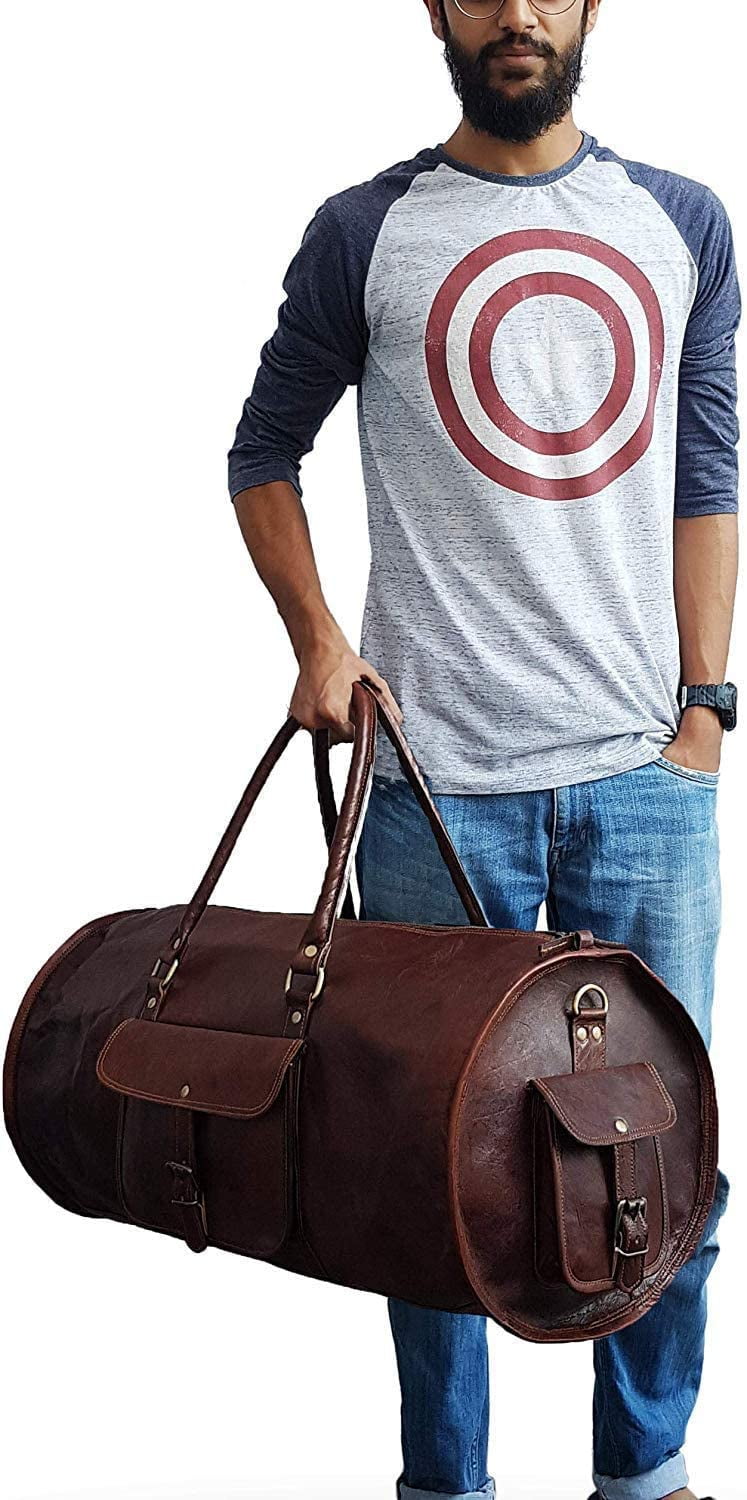 Jaald 24" Leather Duffle Bag Weekender Travel Luggage Carry On Gifts for Men Women Sports Gym Overnight Bag Adventure HIking Gear