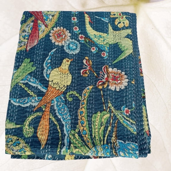 Handmade navy floral block print kantha quilt, cotton bedspread throw, kantha vintage-style blanket for all-season home decor