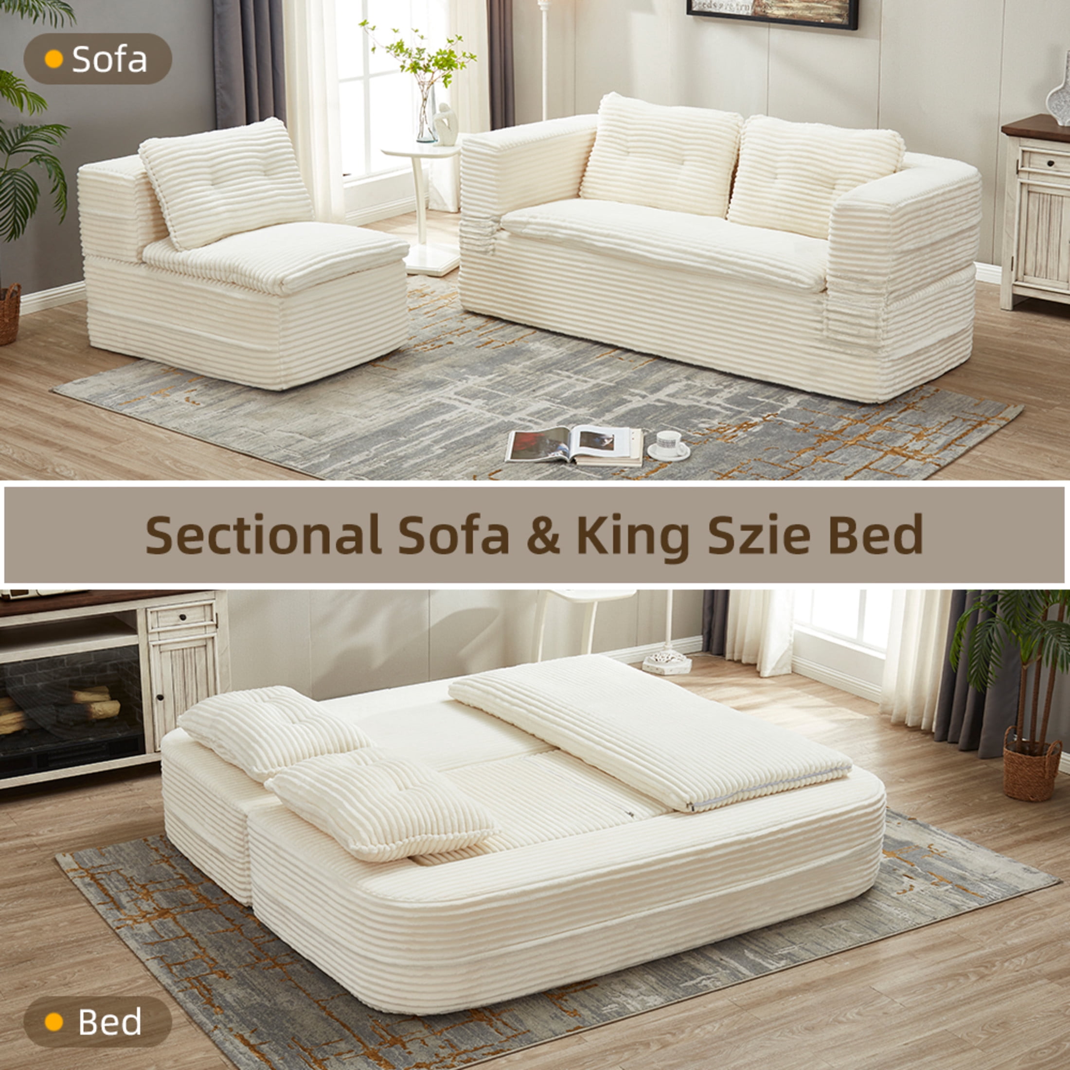 Noble House 80" Convertible Sectional Sofa Bed, Plush Corduroy King Size Sleeper with Chaise, Living Room, Beige