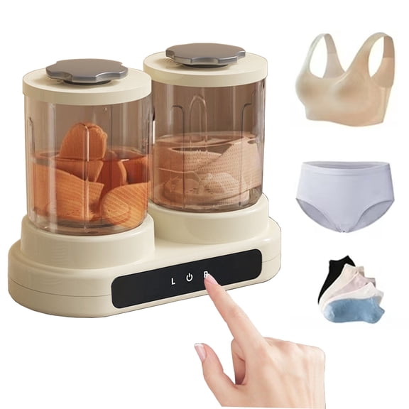 Double Tubs Portable Mini Washing Machine, 3L Cordless Underwear Washing Machine with 2 Compartments, 2 Modes Compact Washer for Underwear and Socks, Apartment, Dorm, RV, Hotel Use, Beige