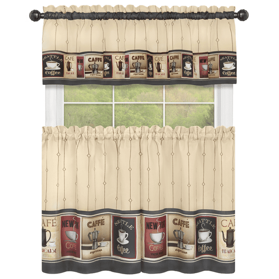 Kate Aurora Complete 3 Piece Seattle Coffee Shoppe Retro Cafe Rod Pocket Kitchen Curtain Tier & Valance Set - Assorted Sizes