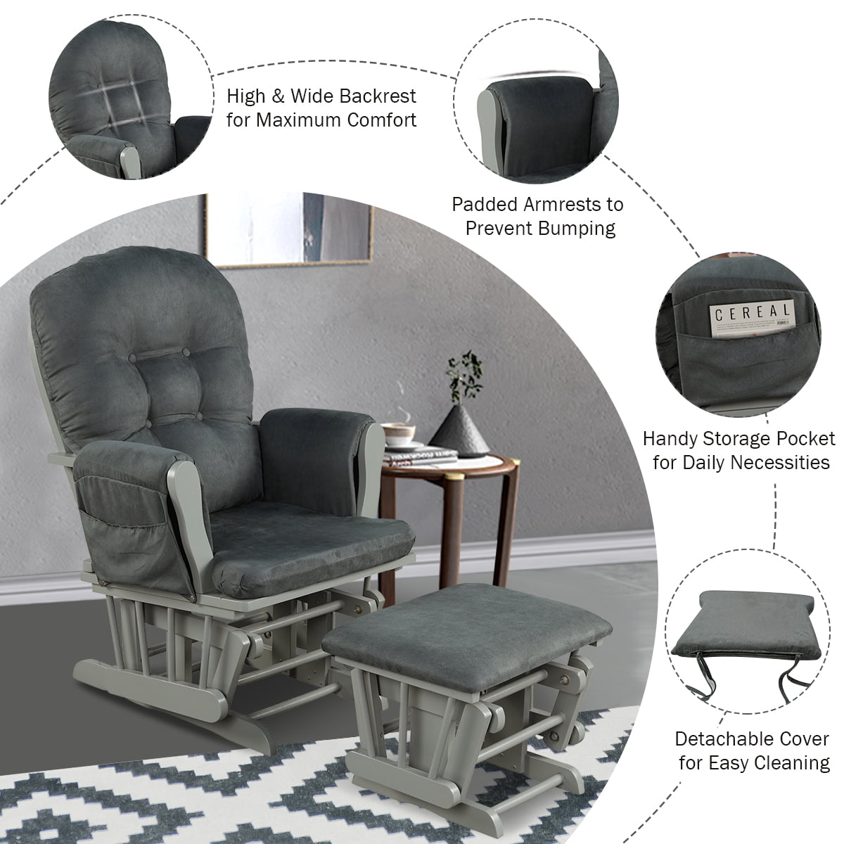 Infans Glider and Ottoman Cushion Set Wood Baby Nursery Rocking Chair Dark Grey