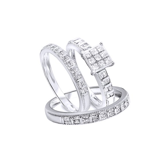 AFFY White Natural Diamond Engagement & Wedding Trio Bridal Ring Set In 10k White Gold (1 Cttw)