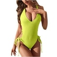 thumbnail image 2 of Elainilye Fashion Women's One Piece Swimsuits Tummy Control Bathing Suit Sexy V-Neck Short Sleeve Fold Solid Color Swimsuit,Yellow, 2 of 6