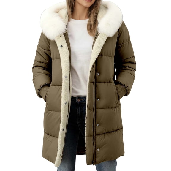 Women's Puffer Jacket Zipper Button Hooded Down Jacket Lined Thickened Jacket Winter Warm Down Coat