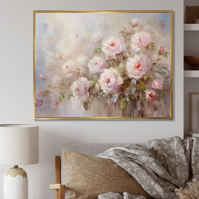 Designart Art Mural Encadré Roses, Charme de Ferme Orné de Roses Roses, Décoration Murale Encadrée Roses, Art Mural Encadré Rose Doré, Cadre Doré 44x34 Pouces