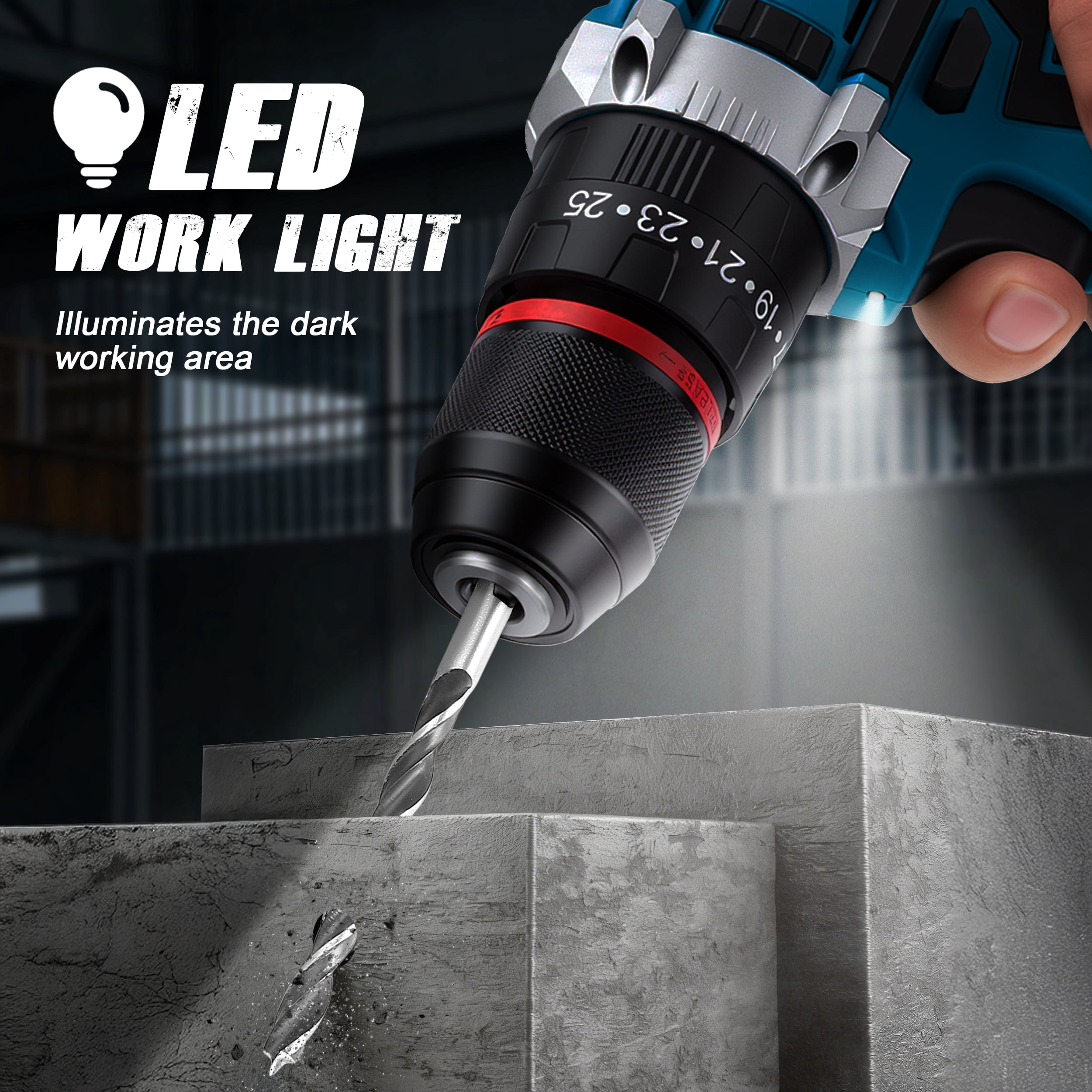 RELOIVE 21V Cordless Drill Driver,Power Drill Set with 2×2000mAh Batteries,4-in-1 Function,45N.m Max Torque,3/8" Keyless Chuck, 25+3 Position