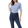 thumbnail image 5 of INSPIRE CHIC Mother's Day Women's Shirt Unlined Round Neck Elbow Sleeves Slim Fit Casual T-Shirt M Blue White, 5 of 7