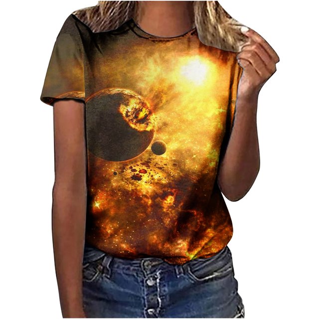 Penkiiy Chemise Imprimée Galaxie, Mode Décontractée Printemps et Été 2024 pour Femmes T-Shirt à Manches Courtes Col Rond Imprimé Ciel m Multicolore