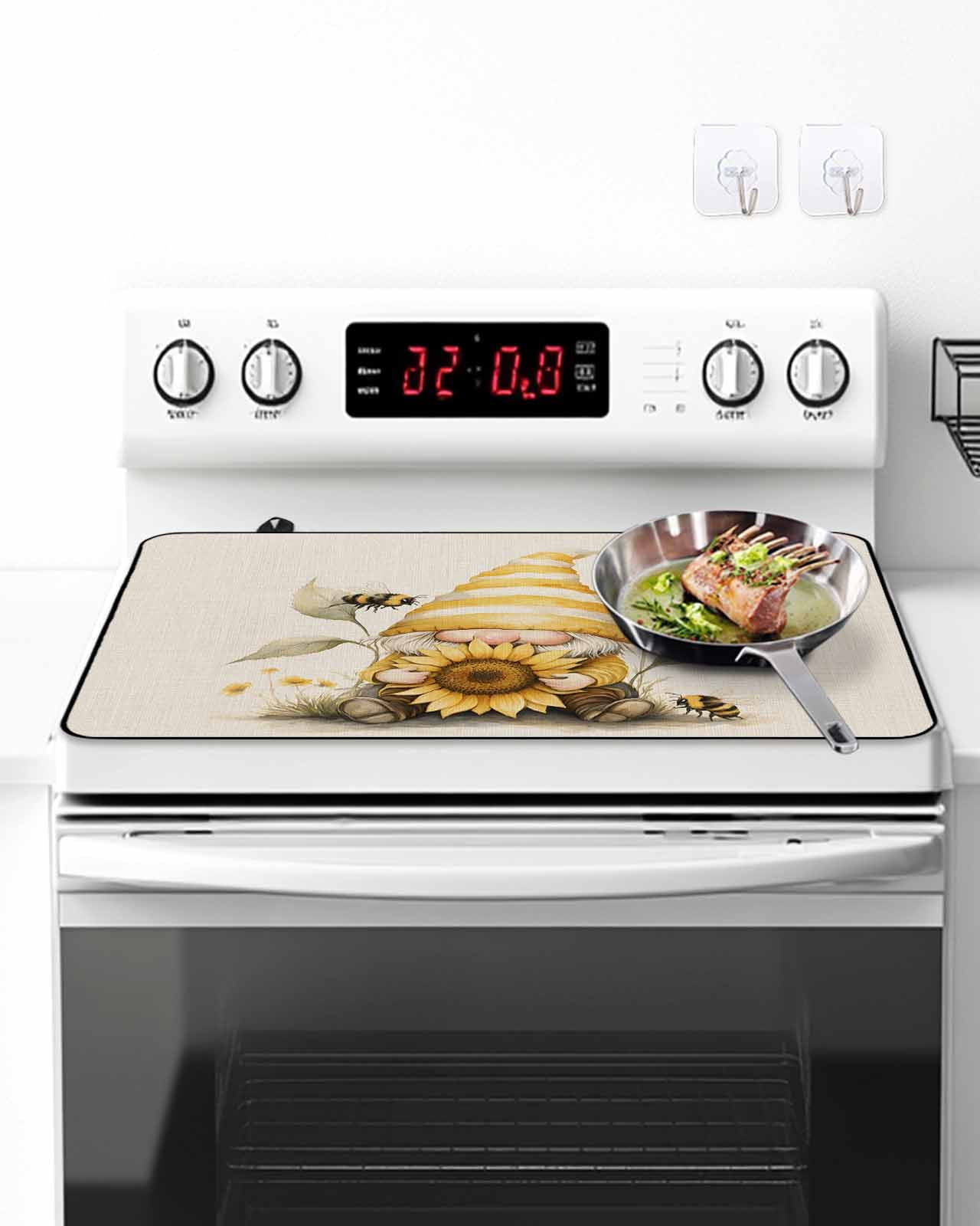 Stove Top Covers for Electric Stove 24x21 Inches, Sunflower Retro Heat Insulation Fireproof Glass Cooktop Protector, Yellow Gnomes Bee Beige Vintage Art Countertop Stovetop Cover for Kitchen