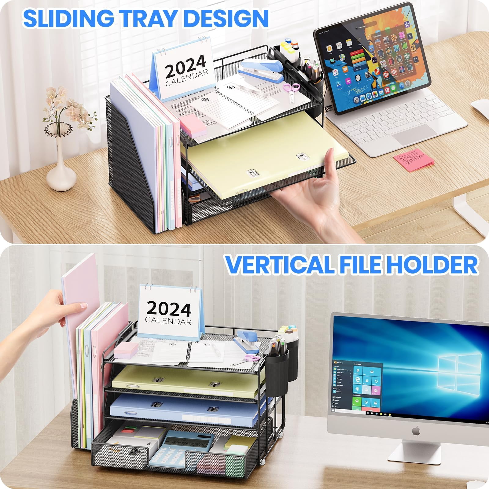 Desk Organizer  4-tier Desktop File With Drawer And 2 Pen Holders Office Accessories Sorters Workspace Organizers For Supplies(black-2pack)
