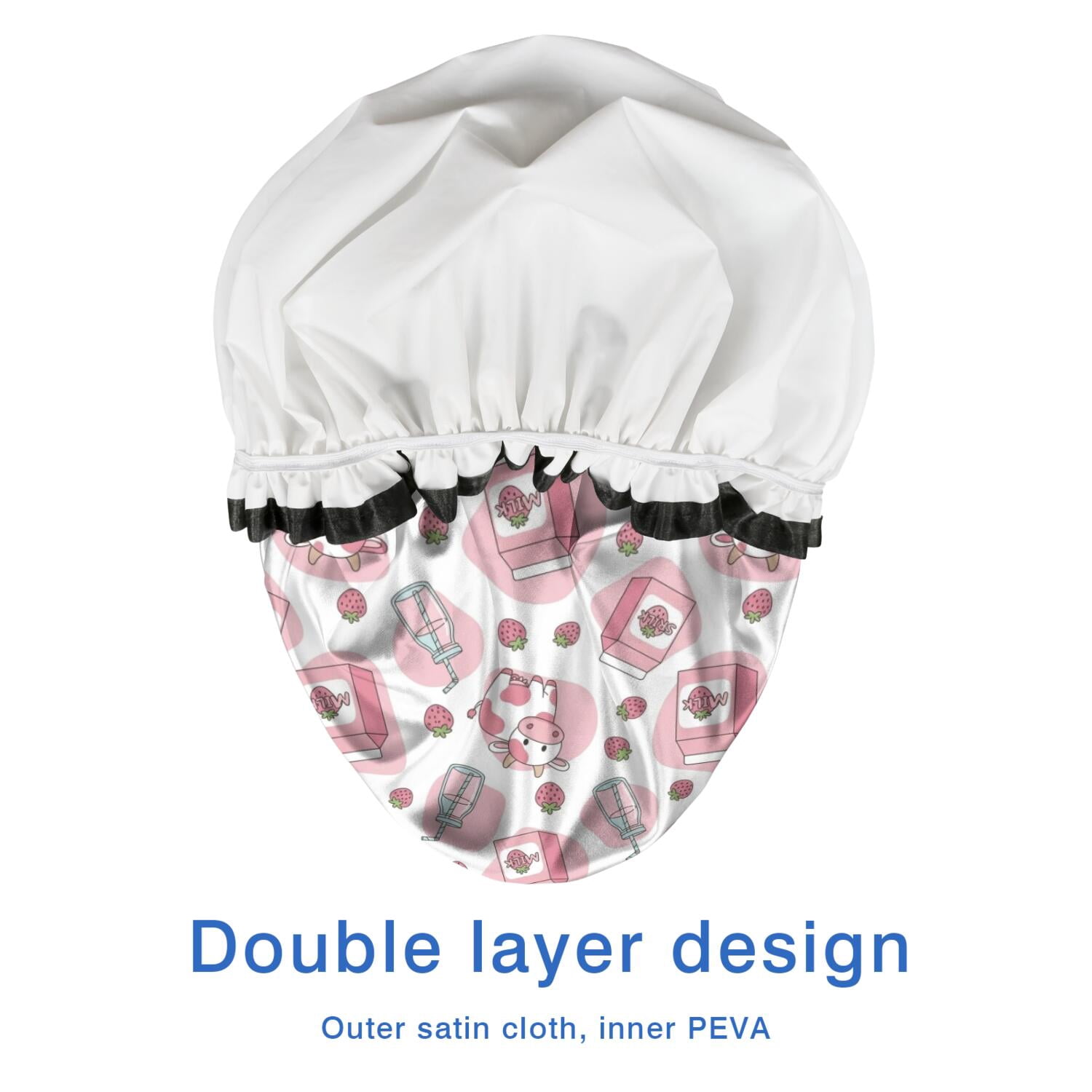 Shower Caps,White Cow Milk Strawberry Pattern Waterproof Shower Cap for Women 4 Pieces,Double Reusable Hair Cover for Shower PEVA Elastic Stretch Hem