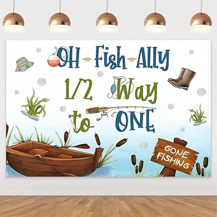 Fishing Half Birthday Party Decoration O-Fish-Ally 1/2 Way to One Backdrop Little Fisherman 1/2 Birthday Party Decor Lakeside Photography Background for Boy Gone Fishing 6 Month Birthday 5x3ft
