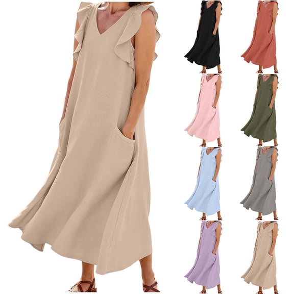 Women's Cotton Linen Midi Dress Summer Solid Color V‑Neck Ruffle Cap Sleeve Loose Dress with Dual Side Pockets Khaki XL(XL)