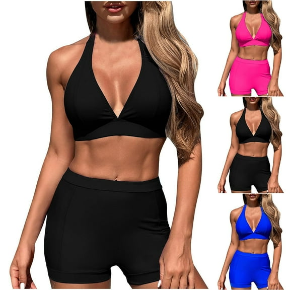 Saving UTSJKR Womens Two Piece Bikini Sets Halter Bikini Top Tie Back Padded Bathing Suit Push Up Swimsuit Top with High Waisted Bathing Suit Bottoms Black 12-14
