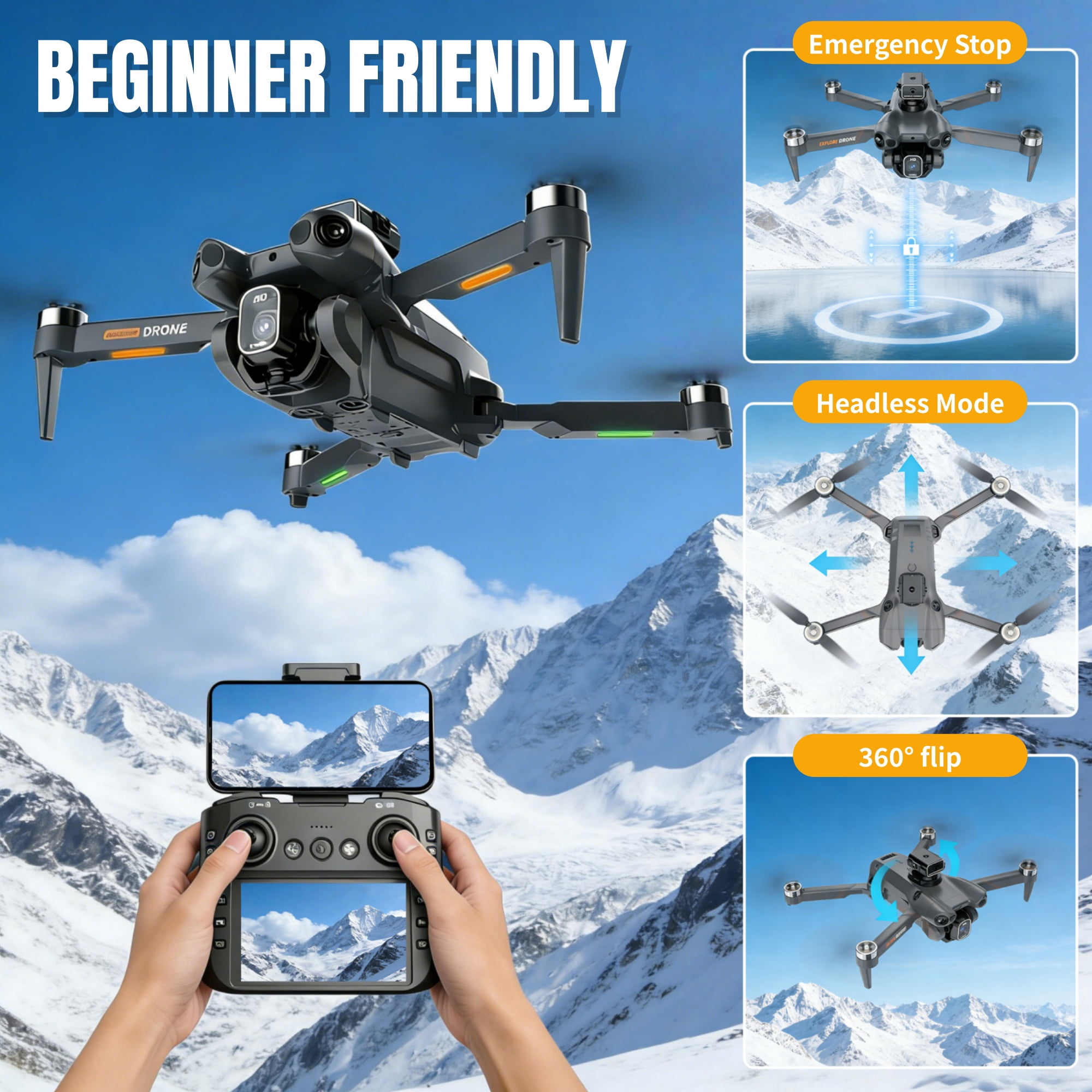 FPV Drone with Camera 1080P for Adults, 4.3" Screen on Remote Controller, Easy Fly Quadcopter with Obstacle Avoidance, Carrying Case & 2 Batteries, Gifts for Beginners