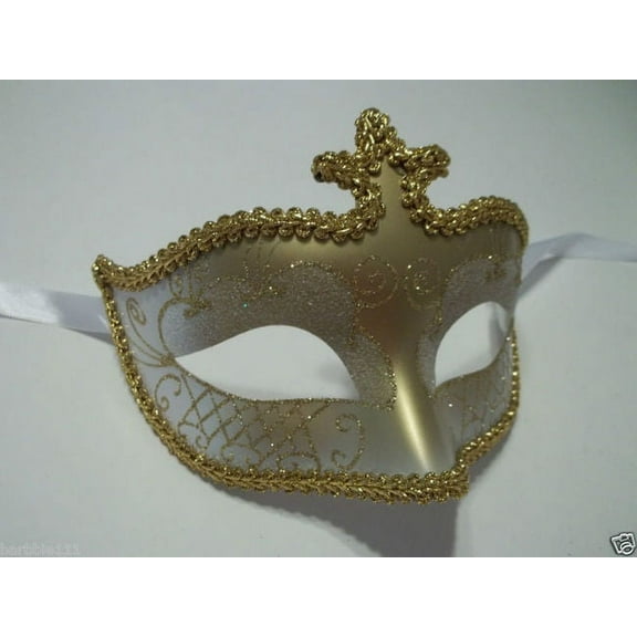White Gold Glitter Venetian Masquerade Costume Mask Halloween New Years Party