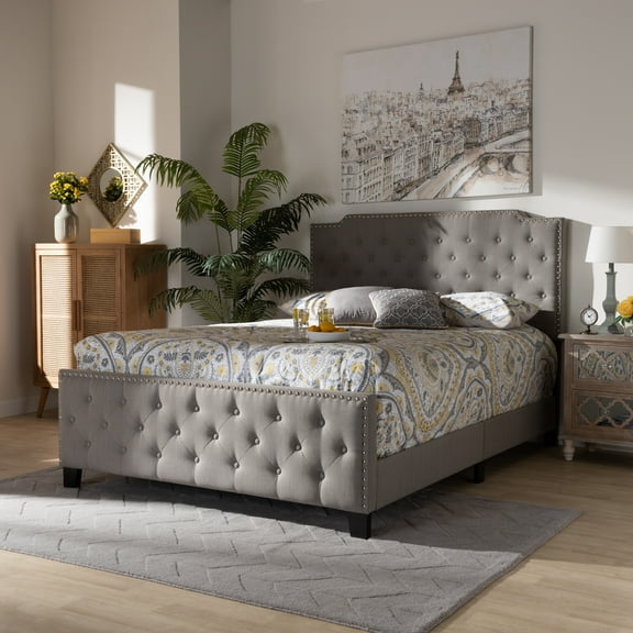 Baxton Studio Marion Modern Transitional Grey Fabric Upholstered Button Tufted King Size Panel Bed