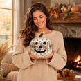 thumbnail image 7 of Floral Hand-Painted Ceramic Light Up Pumpkin Lantern, Carved Jack-O-Lantern with Warm LED, Textured Speckled Green Base Folk Halloween Tabletop Decor for Mantel Bedside Entry Shelf Fall Centerpiece, 7 of 7