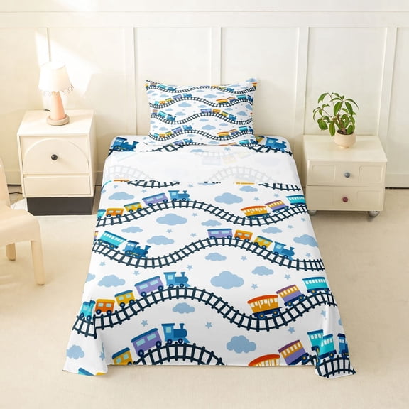 Manfei Toy Train Twin Sheets,Blue Railroads Tracks Bedding,3pcs,1 Fitted Sheet and 1 Pillowcase
