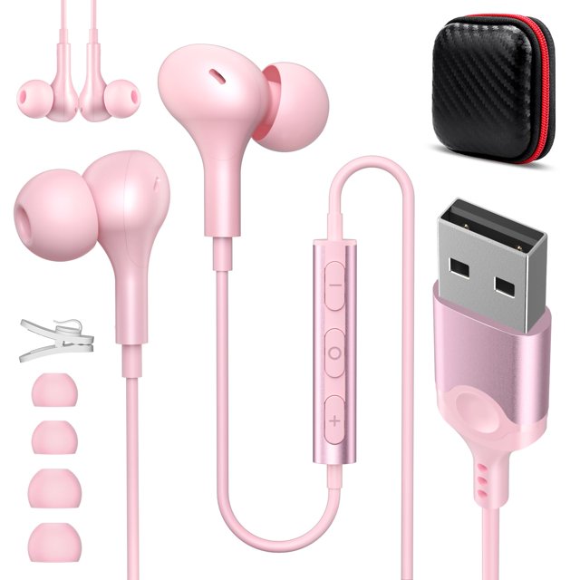 Auriculares USB ASKUBSKU para PC con micrófono, cable de 2,3 m, color rosa