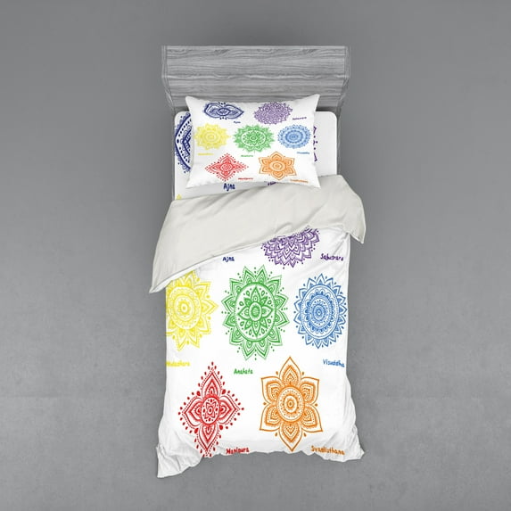 Chakra Duvet Cover Set, Different Colors with Ornate Round Mandala Oriental Style Print, Bedding Set with Shams and Fitted Sheet, 3 Sizes, by Ambesonne
