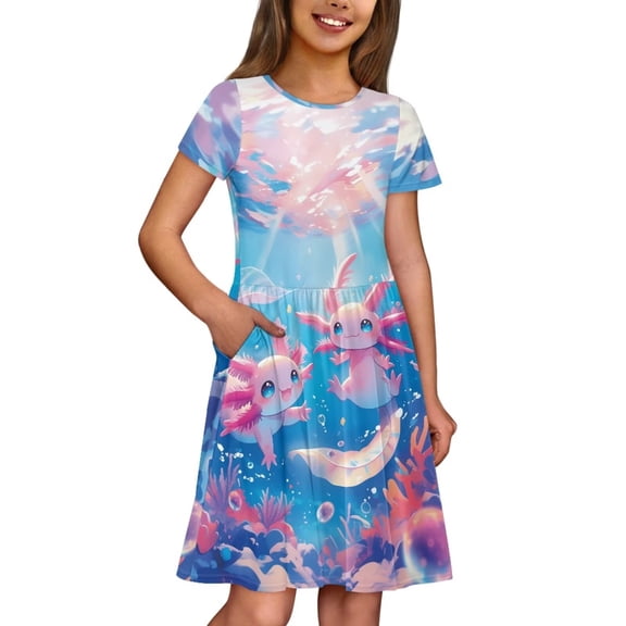 Binienty Axolotl Dress for Girls 3-4 Cute Soft Short Sleeve Dress Kids Lightweight A-Line Sundress with Pockets Children Summer Outfits