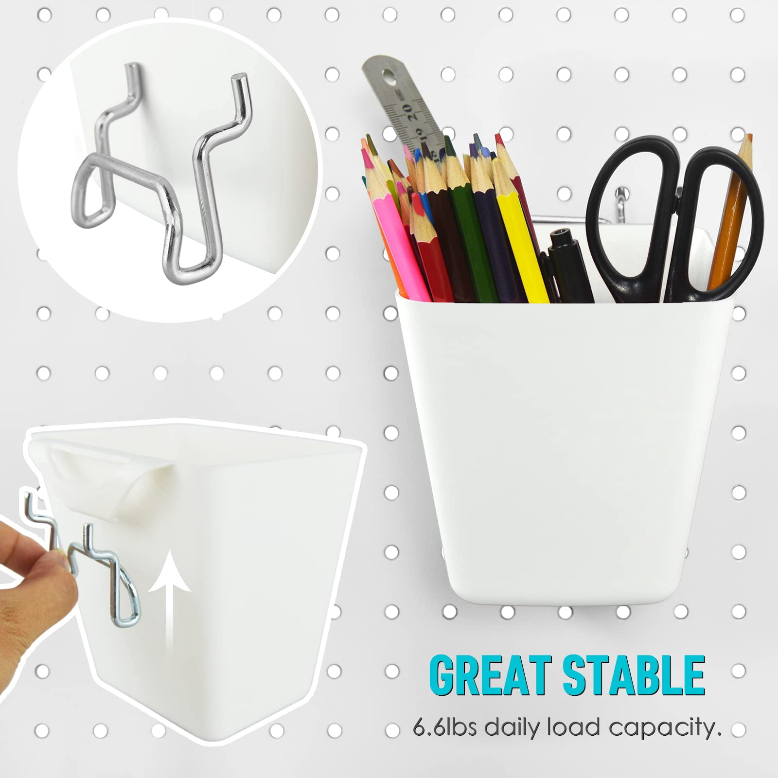 Large Pegboard Cups Peg Board Storage Bin 6 Pack With Hooks  Square Box Shape Cup Holder Accessories For Garage Workbench/craft Room/office/playroom/home Kitchen Organization (white)