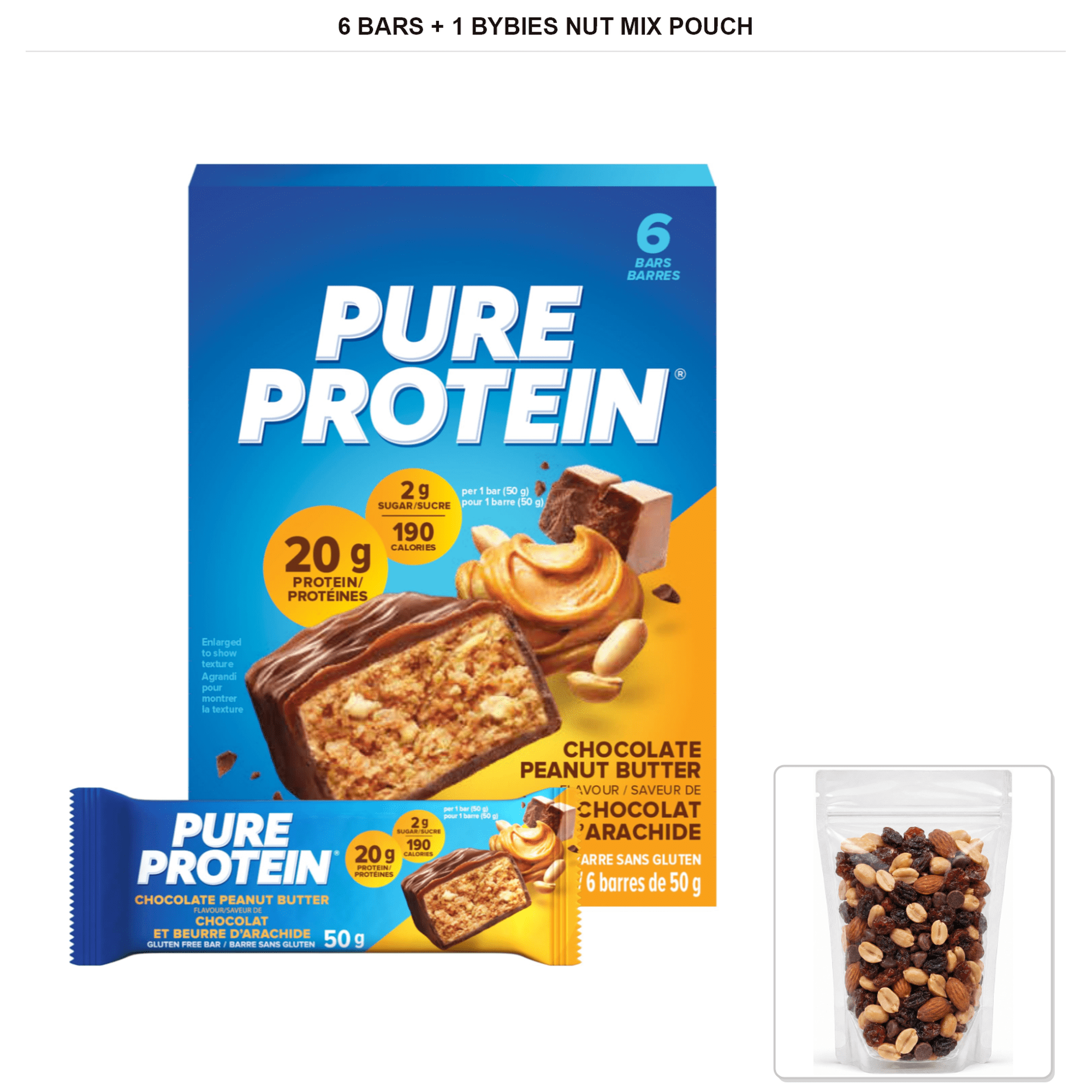 Pure Protein Chocolate Peanut Butter Protein Bars, 6 Bars x 50 g + 1x Bybies Nut Mix Pouch, 2 oz