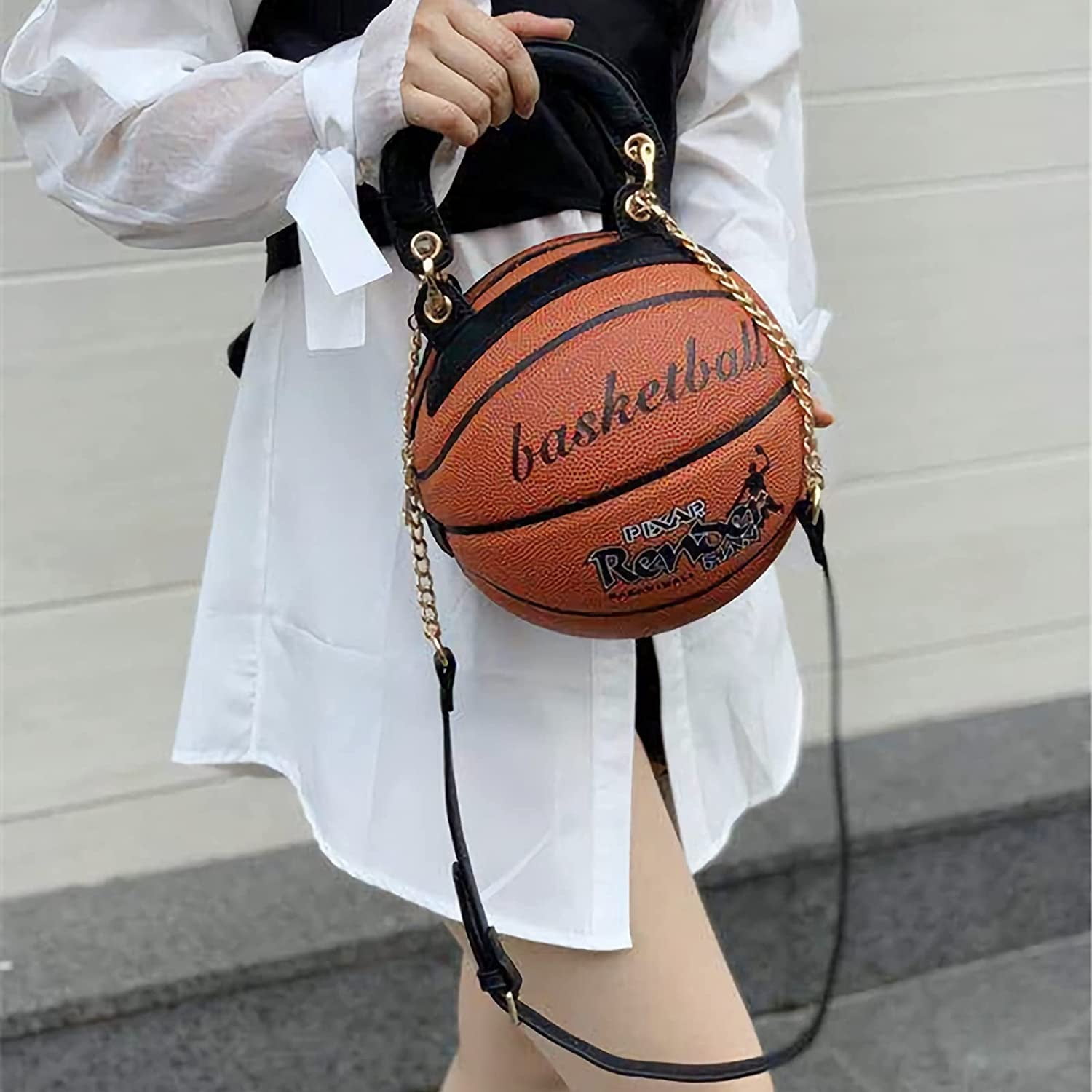 Basketball Shaped Handbag - Round PU Leather Purse With Adjustable Chain Strap