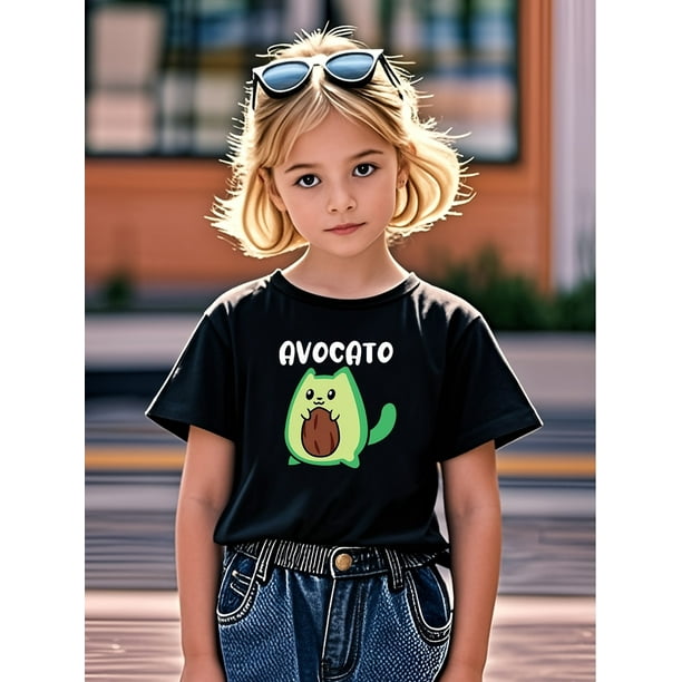 Stylish Girls' Avocado Graphic Tee - Soft Polyester & Spandex Blend, Casual Round Neck, Short Sleeve Knit Top for Summer - Black with Playful Avocado Print