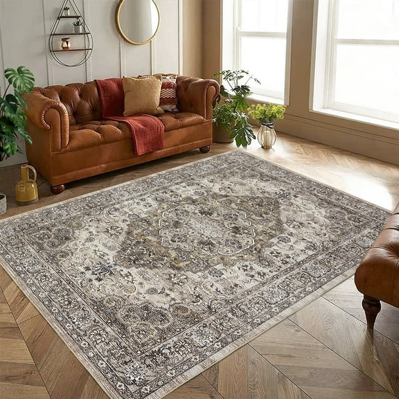 GlowSol 9' x 12' Area Rug Washable Rugs for Living Room Vintage Medallion Rug Floral Print Accent Rug Non-Slip Rug, Brown