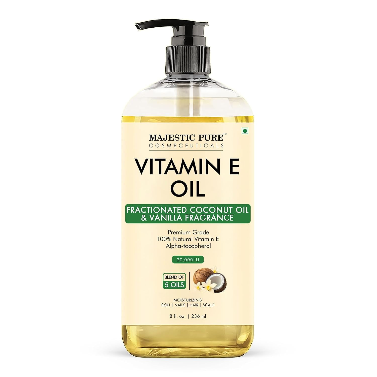 Majestic Pure Coconut & Vanilla Vitamin E Oil – Cold Pressed & Hexane Free Moisturizing Oil for Hair, Scalp, Eyebrows, Eyelashes, Face, Skin, Body, Nails & Cuticles – 8 Fl Oz