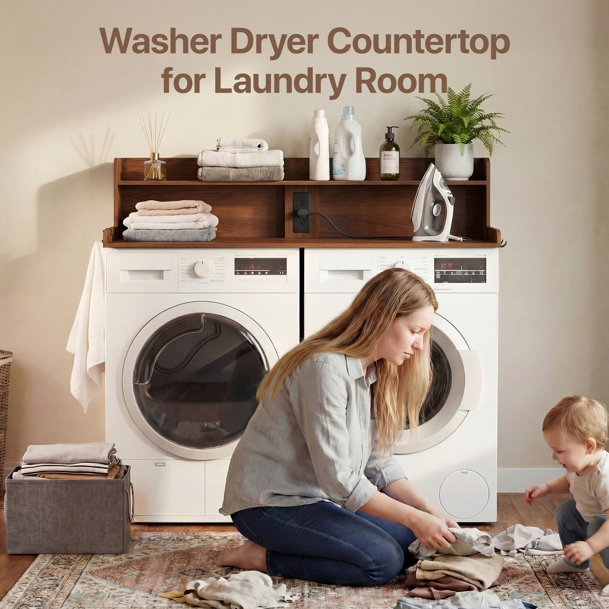 YDN Modern 54" Washer Dryer Countertop with Power Outlet & LED Lights - 2 Tiers Laundry Countertop with Shelf Space, Large Washer and Dryer Topper W/ Storage Basket,Non-Slip Pad,Metal Hooks,Walnut