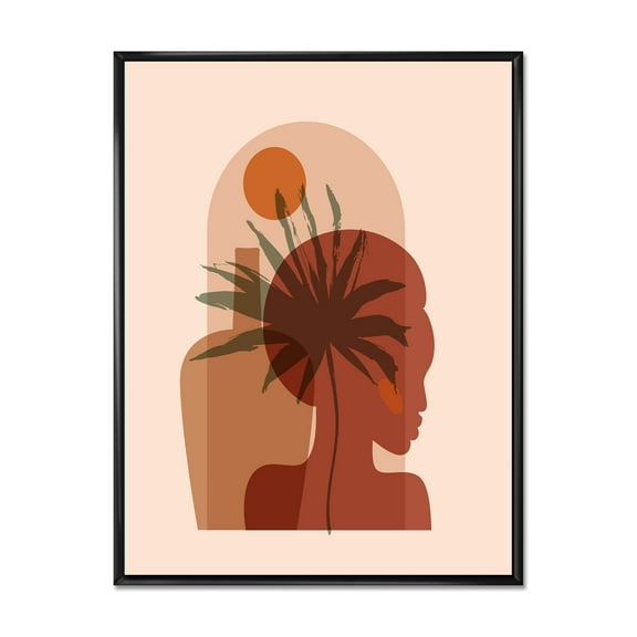 Designart 'Abstract Pretty Girl Portrait and Tropical Palm Leaf' Modern Framed Canvas Wall Art Print