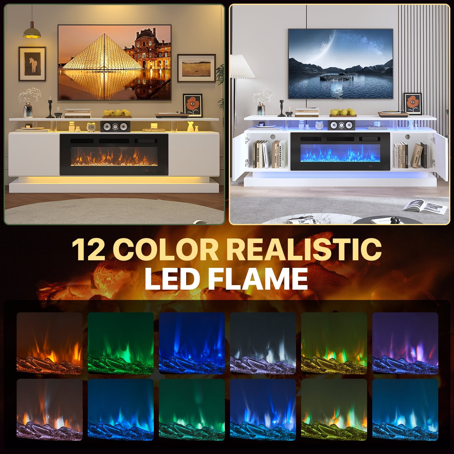 BaPiPro 70" Modern Electric Fireplace TV Stand for TVs Up to 80", Entertainment Center with Music Sync LED Lights & Storage Cabinets, Media Console for Living Room, White