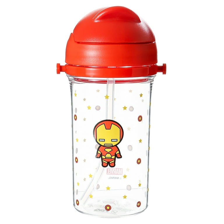 MINISO Marvel Water Bottle with Straw BPA-Free Strap Plastic Water Bottles  for Boys Girls 13.5oz, Iron Man 